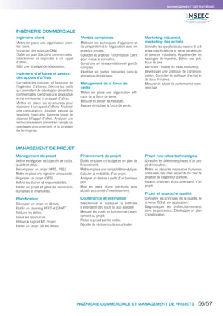 INGÉNIERIE COMMERCIALE ET MANAGEMENT DE PROJETS
MANAGEMENT/STRATÉGIE
Ingénierie client
Mettre en place une organisation orien-
tée client.
Implanter des outils de CRM.
Établir un plan d’actions commerciales.
Sélectionner et répondre à un appel
d’offres.
Bâtir une stratégie de négociation.
Ingénierie d’affaires et gestion
des appels d’offres
Connaître les missions et fonctions de
l’ingénieur d’affaires. Décrire les outils
qui permettent de développer des actions
commerciales. Construire une proposition
écrite en réponse à un appel d’offres.
Mettre en place les ressources pour
répondre à un appel d’offres. Analyser
une consultation. Réaliser l’étude de
faisabilité ﬁnancière. Suivre le travail de
réponse à l’appel d’offres. Analyser une
vente complexe en prenant en compte les
avantages concurrentiels et la stratégie
de l’entreprise.
Ventes complexes
Maîtriser les techniques d’approche et
de préparation à la négociation avec les
grands comptes.
Collecter et analyser l’information client
pour mieux le connaître.
Construire un réseau relationnel grands
comptes.
Identiﬁer les parties prenantes dans le
processus de décision.
Management de la force de
vente
Mettre en place une organisation efﬁ-
cace de la force de vente.
Mesurer et piloter les résultats.
Évaluer et motiver la force de vente.
Marketing industriel,
marketing des achats
Connaître les spéciﬁcités du marché B to B
et les spéciﬁcités de la vente de produits
et services industriels. Appréhender les
typologies de marchés. Déﬁnir une poli-
tique de prix.
Découvrir l’intérêt du trade marketing.
Développer une politique de communi-
cation. Contrôler la politique d’achat et
de sous-traitance.
Mesurer et piloter la performance com-
merciale.
Management de projet
Déﬁnir et négocier les objectifs de coûts,
qualité et délai.
Décomposer un projet (WBS, PBS).
Mettre en place une ingénierie concourante.
Organiser un projet (OBS).
Déﬁnir les tâches et responsabilités.
Piloter un projet et gérer les ressources
humaines et ﬁnancières.
Planification
Découper un projet en tâches.
Établir un planning PERT et GANTT.
Réduire les délais.
Lisser les ressources.
Utiliser le logiciel MS Project.
Piloter un projet par les délais.
Financement de projet
Établir et suivre un budget et un plan de
ﬁnancement.
Mettre en place une comptabilité analytique.
Calculer la rentabilité d’un projet.
Analyser un dossier à partir d’un business
plan.
Mise en place d’une pré-étude pour
aboutir au comité d’investissement.
Coûtenance et estimation
Sélectionner et appliquer la méthode
d’estimation des coûts la plus adaptée.
Mesurer les coûts en fonction de l’avan-
cement du projet.
Piloter le projet par les coûts.
Décider de réaliser ou de sous-traiter.
Projet nouvelles technologies
Connaître les différentes phases d’un pro-
jet d’innovation.
Mettre en place les ressources humaines
adéquates. Les rôles respectifs du chef de
projet et de l’ingénieur d’affaire.
Aspects ﬁnanciers et documentaires d’un
projet.
Projet et approche qualité
Connaître les principes de la qualité, le
schéma ISO et son application.
Diagnostiquer les dysfonctionnements
dans les processus. Développer un plan
d’amélioration.
INGÉNIERIE COMMERCIALE
MANAGEMENT DE PROJET
56/57
 