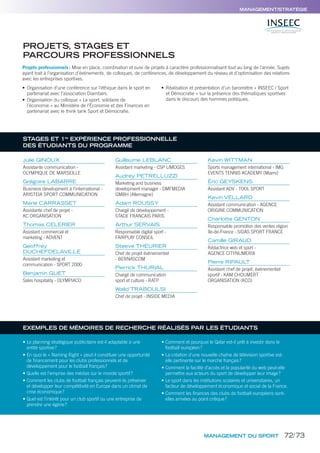 STAGES ET 1re
EXPÉRIENCE PROFESSIONNELLE
DES ÉTUDIANTS DU PROGRAMME
Julie GINOUX
Assistante communication -
OLYMPIQUE DE MARSEILLE
Grégoire LABARRE
Business development à l’international -
ARISTEIA SPORT COMMUNICATION
Marie CARRASSET
Assistante chef de projet -
KC ORGANISATION
Thomas CELERIER
Assistant commercial et
marketing - ADVENT
Geoffrey
DUCHEFDELAVILLE
Assistant marketing et
communication - SPORT 2000
Benjamin GUET
Sales hospitality - OLYMPIACO
Guillaume LEBLANC
Assistant marketing - CSP LIMOGES
Audrey PETRELLUZZI
Marketing and business
development manager - DMFMEDIA
GMBH (Allemagne)
Adam ROUSSY
Chargé de développement -
STADE FRANCAIS PARIS
Arthur SERVAIS
Responsable digital sport -
FAIRPLAY CONSEIL
Steeve THEURIER
Chef de projet événementiel
- BERNASCOM
Pierrick THURIAL
Chargé de communication
sport et culture - RATP
Walid TRABOULSI
Chef de projet - INSIDE MEDIA
Kevin WITTMAN
Sports management international - IMG
EVENTS TENNIS ACADEMY (Miami)
Éric GEYSKENS
Assistant ADV - TOOL SPORT
Kevin VELLARD
Assistant communication - AGENCE
ORIGINE COMMUNICATION
Charlotte GENTON
Responsable promotion des ventes région
Ile-de-France - SIDAS SPORT FRANCE
Camille GIRAUD
Rédactrice web et sport -
AGENCE CITYNUMERIX
Pierre RIPAULT
Assistant chef de projet, événementiel
sportif - KAM CHOUMERT
ORGANISATION (KCO)
MANAGEMENT DU SPORT
• Le planning stratégique publicitaire est-il adaptable à une
entité sportive?
• En quoi le « Naming Right » peut-il constituer une opportunité
de financement pour les clubs professionnels et de
développement pour le football français?
• Quelle est l’emprise des médias sur le monde sportif?
• Comment les clubs de football français peuvent-ils préserver
et développer leur compétitivité en Europe dans un climat de
crise économique?
• Quel est l’intérêt pour un club sportif ou une entreprise de
prendre une égérie?
• Comment et pourquoi le Qatar est-il prêt à investir dans le
football européen?
• La création d’une nouvelle chaîne de télévision sportive est-
elle pertinente sur le marché français?
• Comment la facilité d’accès et la popularité du web peut-elle
permettre aux acteurs du sport de développer leur image?
• Le sport dans les institutions scolaires et universitaires, un
facteur de développement économique et social de la France.
• Comment les finances des clubs de football européens sont-
elles arrivées au point critique?
EXEMPLES DE MÉMOIRES DE RECHERCHE RÉALISÉS PAR LES ÉTUDIANTS
MANAGEMENT/STRATÉGIE
Projets professionnels: Mise en place, coordination et suivi de projets à caractère professionnalisant tout au long de l’année. Sujets
ayant trait à l’organisation d’événements, de colloques, de conférences, de développement du réseau et d’optimisation des relations
avec les entreprises sportives.
• Organisation d’une conférence sur l’éthique dans le sport en
partenariat avec l’association Diambars.
• Organisation du colloque « Le sport, solidaire de
l’économie » au Ministère de l’Économie et des Finances en
partenariat avec le think tank Sport et Démocratie.
• Réalisation et présentation d’un baromètre « INSEEC / Sport
et Démocratie » sur la présence des thématiques sportives
dans le discours des hommes politiques.
PROJETS, STAGES ET
PARCOURS PROFESSIONNELS
72/73
 