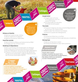 t
en
m
te
r
pa
dé

Développement
Économique

r%
a.f0 l e
r
u0
w.j t i
1
w
Collèges w U
Le

Le

t
en
em
rt
pa
dé

%

0
0 ile

Coopération

ROUTES

Solidarité 1 t

U

•	 Coopère avec la Tunisie
et l’Uruguay pour ouvrir le
Jura sur le monde
•	 Est responsable de l’allocation
du Fonds Social Européen

+

et 11 millions de litres
de vin sont produits
dans le Jura
chaque année !

•	 Promeut l’image du Jura avec le Comité Départemental
du Tourisme, qu’il finance à 90%
•	 Met en valeur les itinéraires touristiques
•	 Améliore la qualité des hébergements

en difficulté ayant
bénéficié d’un accompagnement pour leur
insertion sociale ont
trouvé un emploi en
milieu ordinaire.

Filières

•	 Autorise l’ouverture des crèches
•	 Délivre l’agrément à l’adoption
•	 Agrée les assistantes maternelles

•	 Soutient les filières lait, vin et bois
•	 S’engage à rendre les filières agricoles plus compétitives

Entreprises

Insertion sociale

•	 Aide les entreprises à investir
•	 Promeut les produits et savoir-faire jurassiens

•	 Gère et finance le Revenu de Solidarité Active (RSA)
•	 S’engage pour les contrats d’avenir

Handicap et dépendance

Soutenir ceux
qui entreprennent

•	 Verse une Prestation de Compensation du Handicap
•	 Verse l’Allocation Personnalisée d’Autonomie (APA)
•	 Facilite l’hébergement des personnes âgées dépendantes
•	 Propose un lien d’accueil pour faciliter les démarches
des personnes handicapées, la Maison Départementale
des Personnes Handicapées (MDPH)

Investir dans l’avenir,
protéger et soutenir les savoir-faire,
promouvoir les spécificités du département…
des valeurs chères aux Jurassiens
et à leur Conseil général !

Le Conseil général est présent
à chacune des étapes de votre vie !
Un heureux événement ou un coup dur ?
Le Département reste à vos côtés
et vous apporte des solutions.
C’est ça la solidarité !

ROUTES

r
pa
dé

0
1
Tourisme U

S’engager
aux côtés
des Jurassiens 

t
en
m
te

Plus de 230 millions
de litres de lait

Tourisme

46 % des personnes

Enfance et famille

+

t
en
em
rt
pa
dé

%
0 le

0
1 ti
Collèges U
Le

Développement
Économique

Le

 