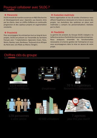 Pérennité
SILOGinvestitdemanièresoutenueenR&D(Recherche
et Développement) pour répondre aux besoins émis
par les clients. Avec un chiffre d’affaires en continuelle
progression et des capitaux propres en augmentation
constante.
Proximité
Pour accompagner les entreprises tout au long de leurs
projets, SILOG est présent sur l’ensemble du territoire
français avec 7 implantations régionales (Caen, Paris,
Reims, Nantes, Lyon, Bordeaux, Toulouse) et en Afrique
du Nord avec une filiale au Maroc (Tanger).
Evolution maitrisée
Notre organisation et nos 30 années d’existence nous
offrent l’expérience nécessaire à la mise en œuvre des
projets. Les évolutions des systèmes en place sont
maîtrisées y compris les personnalisations réalisées
par le client.
Flexibilité
La gamme de produits du Groupe SILOG s’adapte à la
tailleetausecteurd’activitédechacunedesentreprises.
Nous analysons ensemble les fonctionnalités
nécessaires à la bonne gestion de l'entreprise et nous
vous accompagnons dans la mise en œuvre de votre
projet.
Pourquoi collaborer avec SILOG ?
128 personnes
à votre service
7 agences
pour être plus réactif
1250 clients
40 000 utilisateurs
CAEN
PARIS
TANGER
13,9 millions
de Chiffre d’Affaires
70 % d’ingénieurs
Recherche & Développement
+ de 30 ans
d’expérience
RESEARCH
Chiffres clés du groupe
 