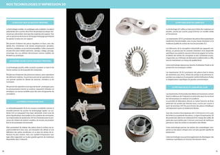 06 07
nos technologies d’impression 3D
le multijet (mjp ou MultiJet Printing)
La technologie multijet, ou modelage à jets multiples, consiste à
polymériser des couches ultra-fines de plastique acrylique, dur-
cissant aux ultraviolets, ainsi que des matériaux de support. S’en
suit un processus de fusion et de lavage/nettoyage permettant
de séparer la pièce de son support.
Elle permet d’obtenir des pièces régulières et lisses, avec des
détails fins, résistantes à de hautes températures, durables,
étanches,coulables,ouencorebiocompatibles.Celles-cipeuvent
ensuite être post-traitées (peinture, usinage, collage, perçage,
chromage, etc.) ou utilisées directement comme modèles de
fonderie ou prototype.
la poudre collée (cjp ou colorjet printing)
La technologie poudre collée consiste à projeter un liant et de
l’encre couleur sur de la poudre de composites.
Elle permet d’imprimer des pièces en couleurs, pour reproduire
des éléments réalistes. Sa précision permet de reproduire avec
une grande qualité les détails de textures, d’ombres et de
contrastes.
Elle permet de répondre à tout type de besoin : prototypes pour
la communication interne ou externe, maquettes d’études ou
artistiques, ou encore modèles pour des tests d’ergonomie de
conception.
La stéréolithographie (SLA)
La stéréolithographie (SLA) est souvent considérée comme le
procédé pionnier du secteur du prototypage rapide. Les sys-
tèmes SLA se composent d’un laser ultraviolet, d’une cuve de
résine liquide photo-durcissable et d’un système de commande.
Les imprimantes de production 3D SLA révolutionnent le pro-
cessus de création de maîtres-modèles, de moules, de produits
finis et de prototypes fonctionnels.
Elles permettent de réaliser des pièces dont la surface est ex-
ceptionnellement lisse, avec une résolution des détails et une
définition des arêtes excellentes, et ce dans les limites de to-
lérances les plus sévères. Avec une rapidité d’impression sans
égal, elles s’appuient sur la plus grande gamme de matériaux
disponibles dans l’industrie.
le frittage sélectif laser (sls)
La technologie SLS utilise un laser pour fritter des matériaux en
poudre, couche par couche, jusqu’à former un modèle solide
et fonctionnel.
Lesimprimantes3DSLSproduisentdespiècesthermoplastiques
totalement fonctionnelles, avec la plus haute résolution et la
meilleure qualité de surface de tous les procédés SLS.
Les fabricants, de la conception industrielle aux appareils mé-
dicaux, en passant par les conduits d'aération et les dispositifs
spécifiques aux patients, peuvent désormais gagner du temps,
se libérer des tâches de conception et des contraintes écono-
miquesliéesauxméthodesdefabricationtraditionnellesenABS,
tout en maintenant un niveau de qualité élevé.
Cette technologie répond aux besoins d’utilisation finale et de
production de prototypes solides.
Les imprimantes 3D SLS produisent des pièces dont le niveau
de résistances aux chocs, d’états de surface et de précision ré-
pondentauxexigencesd’unegrandevariétéd’utilisationsfinales
et d’applications spécifiques de grande consommation.
Le frittage sélectif laser métal (SLM)
Lesimprimantes3DdeproductionMétalsontreconnuescomme
étant la référence de l’industrie en particulier pour les secteurs
de l’aéronautique, le médical et la joaillerie.
Le procédé de fabrication directe en métal fusionne de fines
particules de poudre par faisceau laser, couche par couche à
partir de données CAO 3D, pour former des pièces métalliques
chimiquement pures et totalement denses.
Avec des couches d’une épaisseur de 5 à 30 microns, il n’y a pas
de limite à la complexité des pièces. La ligne d’imprimantes 3D
de production directe en métal prend en charge des tailles de
particules aussi petites que 5 microns, procurant de meilleures
précisions, états de surface et résolutions des détails.
Cette technologie permet de réaliser des assemblages com-
plexes ou des pièces uniques avec une plus grande rapidité de
production.
Cette technologie nous permet également de développer des
matériaux spécifiques en fonction des besoins client.
 