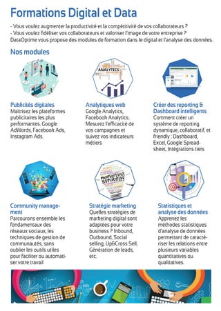 Formations Digital et Data
Nos modules
- Vous voulez augmenter la productivité et la compétitivité de vos collaborateurs ?
- Vous voulez ﬁdéliser vos collaborateurs et valoriser l’image de votre entreprise ?
DataOptime vous propose des modules de formation dans le digital et l’analyse des données.
Publicités digitales
Maitrisez les plateformes
publicitaires les plus
performantes. Google
AdWords, Facebook Ads,
Instagram Ads.
Analytiques web
Google Analytics,
Facebook Analytics.
Mesurez l'efficacité de
vos campagnes et
suivez vos indicateurs
métiers
Stratégie marketing
Quelles stratégies de
marketing digital sont
adaptées pour votre
business ? Inbound,
Outbound, Social
selling, Up&Cross Sell,
Génération de leads,
etc.
Community manage-
ment
Parcourons ensemble les
fondamentaux des
réseaux sociaux, les
techniques de gestion de
communautés, sans
oublier les outils utiles
pour faciliter ou automati-
ser votre travail
Créer des reporting &
Dashboard intelligents
Comment créer un
système de reporting
dynamique, collaboratif, et
friendly : Dashboard,
Excel, Google Spread-
sheet, Intégrations tiers
Statistiques et
analyse des données
Apprenez les
méthodes statistiques
d’analyse de données
permettant de caracté-
riser les relations entre
plusieurs variables
quantitatives ou
qualitatives.
 