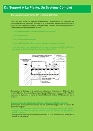 Du Support À La Plante, Un Système Complet

     Du Support À La Plante, Un Système Complet

     Quel que soit le type de végétalisation (intensive, semi-intensive ou extensive), les
     différents matériaux constituant le complexe de végétalisation sont successivement mis en
     place sur une étanchéité résistante à la pénétration racinaire selon la configuration en
     couches successives de bas en haut suivante :
   1.
   2. Une couche de drainage (différents matériaux sont employés)
   3.
   4. Une couche filtrante
   5.
   6. Une couche de culture (substrat)
   7.
   8. Une couche végétale (réalisée par semis, plantation, ou élément précultivé)
   9.
   10. Une zone stérile (non végétalisée) doit être mise en place en périphérie de la toiture,
       ainsi qu’autour des éléments justifiant d’un relevé d’étanchéité.




     Les couches de drainage et de culture sont utilisées en épaisseurs très différentes d’un
     système à l’autre. Chaque configuration doit préciser l’épaisseur requise pour les différents
     matériaux, et également la charge à Capacité Maximale en Eau (CME) apportée par le
     système.


     Cas des systèmes de végétalisation extensive ( faible poids et faible entretien) :
     Des variantes de configurations spéciales peuvent également être proposées en fonction des
     paramètres du projet :
   1. Mise en place d’éléments précultivés (rouleaux ou plaques) directement sur le substrat
   2. Configuration monocouche (un seul matériau assure les fonctions de drainage et de
      couche de culture)
   3. Configurations spécifiques aux pentes supérieures à 20 %, nécessitant des dispositifs de
      retenue ou anti-érosion.
 