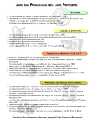 formation initiale des acteurs Sauveteurs Secouristes du Travail (acteurs SST)•	
maintien et actualisation des compétences des acteurs Sauveteurs Secouristes du Travail (MAC SST)•	
initiation à la manipulation du Défibrillateur Automatisé Externe (DAE)•	
perfectionnement des compétences de secouriste par la pratique (PC-SST)•	
liste des Formations que nous Proposons
Secourisme
sensibilisation aux risques d’incendie & Manipulation des Extincteurs (EXT)•	
sensibilisation aux risques d’incendie & Manipulation des Robinets d’Incendie Armés (RIA)•	
devenir Equipier de Première Intervention (EPI)•	
devenir Equipier de Seconde Intervention (ESI)•	
sensibilisation des travailleurs à l’Evacuation (EVAC)•	
devenir opérateur Guide & Serre-files dans le cadre de l’Evacuation (G-SF)•	
Incendie & Evacuation
initiation à la Manipulation des Systèmes de Sécurité Incendie (SSI)•	
formation des Personnels Désignés pour la Sécurité dans les établissements avec locaux à sommeil•	
(PDS-JOUR)
formation des Personnels Désignés pour la Sécurité dans les autres établissements (PDS)•	
devenir agent des Services de Sécurité Incendie et d’Assistance à Personnes (SSIAP 1)•	
devenir chef d’équipe des Services de Sécurité Incendie et d’Assistance à Personnes (SSIAP 2)•	
devenir chef des Services de Sécurité Incendie et d’Assistance à Personnes (SSIAP 3)•	
maintien et actualisation des compétences des agents, chef d’équipe et chef des Services de Sécurité•	
Incendie et d’Assistance à Personnes (recyclages et remises à niveau SSIAP)
Personnels de Sécurité - S.S.I.A.P.
sensibilisation à la Sécurité en Entreprise et à la Prévention des Risques Professionnels (SEPRP)•	
sensibilisation à la Prévention des Risques liés aux Efforts et aux Postures (PREP)•	
formation-action des acteurs de Prévention des Risques liés à l’Activité Physique - secteur Industries,•	
Bâtiment, Commerces (PRAP-IBC)
formation-action des acteurs de Prévention des Risques liés à l’Activité Physique - secteur Sanitaire et•	
Social (PRAP-2S)
maintien et actualisation des compétences d’acteurs de Prévention des Risques liés à l’Activité Physique•	
(MAC PRAP)
devenir compétent en Evaluation des Risques Professionnels (EvRP)•	
formation des membres du Comité d’Hygiène, de Sécurité et des Conditions de Travail - entreprises de•	
moins de 300 salariés (CHSCT)
formation préalable à l’Habilitation Electrique des personnels de Sécurité Non Electricien (HESNE)•	
Prévention des Risques Professionnels
Toutes nos formations sont adaptables aux spécificités de votre établissement.
 