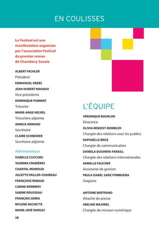 58
EN COULISSES
Le Festival est une
manifestation organisée
par l’association Festival
du premier roman
de Chambéry-Savoie
ALBERT FACHLER
Président
EMMANUEL KREBS
JEAN-HUBERT NAVIAUX
Vice-présidents
DOMINIQUE POMMAT
Trésorier
MARIE-ANGE HECKEL
Trésorière adjointe
ANNICK ARMAND
Secrétaire
CLAIRE SCHNEIDER
Secrétaire adjointe
Administrateurs
ISABELLE CUCCURU
YASMINA CRABIÈRES
CHANTAL MOIROUD
JULIETTE PAILLER-CHAINEAU
FRANÇOISE REBAUD
CARINE REMMERY
SABINE ROUSSEAU
FRANÇOIS SERRA
MYLÈNE VACHETTE
MARIE-JOSÉ VARGAS
L’ÉQUIPE
VÉRONIQUE BOURLON
Directrice
OLIVIA BENOIST-BOMBLED
Chargée des relations avec les publics
RAPHAËLLE BROZ
Chargée de communication
DANIELA DUGHERA-FARAILL
Chargée des relations internationales
ARMELLE FAUCHER
Assistante de gestion
PAULA ISABEL SANZ FOMBUENA
Stagiaire
ANTOINE BERTRAND
Attaché de presse
ABELINE MAJOREL
Chargée de mission numérique
 
