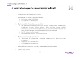 22
YouMeO
// Notre catalogue de formations //
// Innovation ouverte : programme indicatif
1. Présentations, identification...