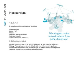 SBP INTEGRATION


                  Nos services


                  1. Etude/Audit

                  2. Mise à disposition de personnel Technique

                  Chefs de projet
                  Expert VOIP
                  Câbleur
                  Ingénieur Telecom et réseau
                                                                                    Développez votre
                  Ingénieur Sécurité                                               infrastructure à sa
                  Technicien Telecom et Réseau
                                                                                     juste dimension
                  3. Câblage (courant faible)

                  Câblage cuivre UTP, FTP, STP, S-FTP catégorie 5, 5e, 6 et même de catégorie 7
                  Câblage Fibre optique monomode et Multimode pour liaisons inter-répartiteurs
                  Installation d’armoires serveurs et de brassage, de coffrets muraux et configuration
                  Validation et mise en conformité de câblages existants
 