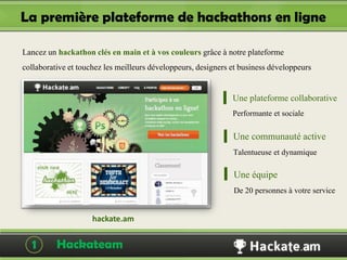 La première plateforme de hackathons en ligne

Lancez un hackathon clés en main et à vos couleurs grâce à notre plateforme
collaborative et touchez les meilleurs développeurs, designers et business développeurs

                                                               Une plateforme collaborative
                                                               Performante et sociale
                                                               Une communauté active
                                                               Talentueuse et dynamique
                                                               Une équipe
                                                               De 20 personnes à votre service

                     hackate.am


  1       Hackateam                                                  Hackateam
 
