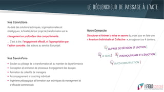 LE DÉCLENCHEUR DE PASSAGE À L’ACTE
Nos Convictions
Au-delà des solutions techniques, organisationnelles et
stratégiques, la finalité de tout projet de transformation est le
changement en profondeur des comportements...
... C’est à dire, l’engagement effectif, et l'appropriation par
l’action concrète, des acteurs au service d’un projet.
Nos Savoir-Faire
§  Soutien au pilotage de la transformation et au maintien de la performance
§  Conception et animation de processus d’engagement des équipes
§  Animation de collectifs de managers
§  Accompagnement et coaching individuel
§  Ingénierie pédagogique et formation aux techniques de management et
d’efficacité commerciale
[ LA PRISE DE DÉCISION ET L’ACTION ]
[ LE SENS ]
 [ L’ENTHOUSIASME ET L’ÉMOTION ]
1
2 3
[ LA CO-CONSTRUCTION ]
4
Notre Démarche
Structurer et Animer la mise en œuvre du projet pour en faire une
« Aventure Individuelle et Collective », en agissant sur 4 damiers :
 