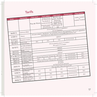 Tarifs
ir
nt
d
as
n ?
es
es,
oue,
Dates Spectacles Plein tarif Tarif réduit Demi-tarif Gratuit pour Pass famille
Groupe de plus
de 10 personnes
1 adulte +3 enfants
Plus de 60 ans
ou
Comité d'entreprise
2 adultes +2 enfants
Prévente jusqu'à 15
jours avant le
spectacle choisi
Du 4/10 au
16/11 2013
Exposition moulich
Annie Cordy
(Ouverture de saison)
Les Ogres de Barback
1
ère
partie : Manivel’Swing et
Kaleïdo “Le plein des sens”
16/11/13
Soirée
Transmusicales
24/11/13 Un Homme-un Arbre
Louvigné en lumières
et Marché de Noël
08/12/13 La légende d’Elliona
4 ans et moins 12 €
18/01/14 Le Médecin malgré lui 15 €
13 €
7,50 €
12 ans et moins 35 €
22/01/14
En attendant,
il faut être heureux
En attendant,
il faut être heureux
4 ans et moins 12 €
15/02/14
Soirée cabaret-spectacle
US Magic et King Pépé
Les Goristes
1ére partie :
Les Biches Cocottes
Cuba y Breizh
1
ère
partie : O'Kazoo
Cabaret de l’Impro
1
ère
partie : atelier-théâtre des
jeunes de Louvigné
28/06/14
15 €
13 €
7,50 € 12 ans et moins
35 €
17/05/14
20 €
18 €
10 € 12 ans et moins
50 €
tarif famille 6 € par personne
Plein tarif 40 € / Moins de 12 ans 26 €
12/04/14
20 €
18 €
10 € 12 ans et moins
50 €
07 et 08/12/13
GRATUIT
5 € pour les 4-12 ans / 3 € pour les + de 12 ans
5 € pour les 4-12 ans / 3 € pour les + de 12 ans
25/01/14
6 € enfant
8 € adulte
26/10/13
18 € en prévente jusqu’au 12 octobre /
20 € après le 12 octobre
GRATUIT
GRATUIT
05/10/13
30 €
25 €
15 € 12 ans et moins
27/09/13 ...Silence
3 € sans emploi / étudiants / en prévente jusqu’au 26 septembre / 8 € le 27 septembre
Informations et réservations à contact@idospectacles.com
GRATUIT
Plus de 18 ans
06/09/13 Jovence en Métal
6 € en prévente jusqu’au 5 septembre /
8 € le 6 septembre
Abonné, sans
emploi, étudiant,
personnes
handicapées
(>80%), jeunes
de 13 ans à 18
ans
17
 