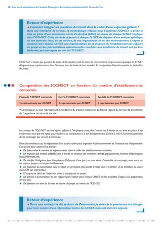 24 I Lois sur la sécurisation de l’emploi, Florange et Formation professionnelle I Groupe ALPHA
-----------------------------------------------------------------------------------------------------------------
L’ICCHSCT n’existe que pendant la durée de l’expertise, mais le vivier de ses membres est permanent puisque les CHSCT
désignent leurs représentants dans l’instance pour la durée de leur mandat.Sa composition dépendra ensuite du périmètre
du projet.
La création de l’ICCHSCT est une option offerte à l’employeur mais, dès l’instant où il décide de sa mise en place, il est
évidemment tenu par les règles qui président à sa composition et à son fonctionnement.L’article L.4616-5 permet cependant
de les aménager par accord d’entreprise.
Dans de nombreux cas, la négociation d’un accord-cadre pour organiser le fonctionnement de l’instance est indispensable.
Cet accord peut notamment prévoir :
= De faire varier le nombre de représentants selon la taille des établissements concernés.
= De négocier des moyens adaptés pour le travail en commun des membres :temps,déplacements,réunions téléphoniques,
visioconférences, etc.
= De clarifier l’obligation pour l’employeur d’informer, d’une part, sur une vision d’ensemble de son projet, mais aussi sur
les aspects propres à chaque établissement.
= De favoriser la concertation avec l’expert en prévoyant des points d’étape avec l’ICCHSCT et la direction, au cours
même de son intervention.
= D’adapter le délai de l’expertise selon la complexité du projet.
= De prévoir la présentation de son rapport par l’expert dans chaque CHSCT et des modalités d’appui à la préparation
de leur avis.
= De favoriser un suivi de la mise en œuvre du projet au niveau de l’ICCHSCT.
Composition des ICCHSCT en fonction du nombre d’établissements
concernés
Moins de 7 CHSCT concernés De 7 à 15 CHSCT concernés Au-delà de 15 CHSCT concernés
3 représentants par CHSCT 2 représentants par CHSCT 1 représentant par CHSCT
+ L’employeur ou son représentant,la médecine du travail,l’inspecteur du travail,l’agent du service de prévention
de l’organisme de sécurité sociale.
Retour d’expérience
=Comment intégrer les questions du travail dans le cadre d’une expertise globale ?
Dans une entreprise de services, la méthodologie retenue pour l’expertise ICCHSCT a prévu la
mise en place d’une commission mixte d’expertise (CME) au niveau de chaque CHSCT impliqué
dans l’ICCHSCT. Cette méthode a permis à chaque CHSCT de disposer d’une analyse spécifique
de son contexte local, de ses métiers, de son organisation et de son environnement. L’expert a
construit avec chaque CHSCT une représentation de la situation de l’établissement par rapport
au projet et des préconisations opérationnelles touchant aux conditions de travail ont pu être
élaborées, puis partagées au sein de l’ICCHSCT.
Retour d’expérience
=Dans une entreprise du secteur de l’assurance, la durée de la procédure a été allongée
pour tenir compte d’une information tardive des CHSCT, mais cela doit être négocié.
 