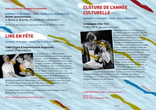 Dans le cadre des Journées du patrimoine :

      Dimanche 15 septembre • 10h00 • Chapelle St-Jean-Baptiste
      Balade questionnaire
      « Marais et Mayenne, un patrimoine à découvrir »
      Partez à la découverte du patrimoine naturel de Montreuil-Juigné.

                                                                          © Doumé




©DR




                                        • 10 •                                      • 11 •
 