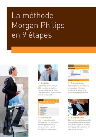 La méthode
Morgan Philips
en 9 étapes




      #1 Le bilan                            #2 La stratégie
      La première phase consiste             Ce bilan permet de construire
      à faire un bilan de carrière           une stratégie efficace de
      complet mené avec le coach             recherche de postes ou de
      l’aide d’entretiens et de différents   création de sa propre activité.
      tests de personnalité.




      #3 Les outils                          #4 La formation
      Mise en place des outils               Optimiser les qualités du candidat.
      de recherche : CV, mini-sites          Comment se présenter au mieux,
      internet, profils réseaux              avec l’aide du coach et du conseil
      sociaux, moteur exclusif               en image, afin de convaincre effi-
      de recherche d’annonces…               cacement le recruteur.
 