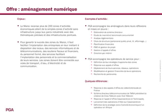 Offre : aménagement numérique
      Enjeux :                                                         Exemples d’activités :

         Le Maroc recense plus de 200 zones d’activités                  PGA accompagne les aménageurs dans leurs réflexions
          économiques allant de la simples zones d’activité sans           et mises en œuvre :
          infrastructure jusqu’aux parcs industriels avec des                  Elaboration de schéma directeur
          thématiques précises et des infrastructures pointues.                Etude de marché et benchmark concurrentiel
                                                                               Analyse réglementaire
         Pour garantir le succès des zones du Maroc, il faut                  Choix de structure (partenariat public privé, JV, affermage…)
          faciliter l’implantation des entreprises en leur mettant à           Planification financière
          disposition des locaux, des services informatiques et de             PMO et gestion de projet
          télécommunications, des soutiens fiscaux et financiers,              Gestion d’appels d’offres
          du personnel formé, des services facilitant                          Direction par intérim
          l’implantation des personnels et la commercialisation
          de leurs services. Les zones doivent être connectés aux         PGA accompagne les opérateurs de service pour :




                                                                                                                                                Confidentiel PGA www.pga-partners.com
          voies de transport, d’eau, d’électricité et de                      Définition de leur stratégie d’approche des zones
          communication.                                                      Réponse aux appels d’offres
                                                                              Déploiement de leurs services, réseaux, opérations
                                                                              Modélisation et gestion financière de leurs opérations
                                                                              Recherche de partenaires

                                                                       Quelques références :

                                                                               Réponse à des appels d’offres de collectivité locale en
                                                                                  France
                                                                                 Schéma directeur télécommunication de TMSA précédant la
                                                                                  création de Cires Télécom avec Hub Télécom
                                                                                 Réponse à l’appel d’offres Casanearshore et Technopolis
                                                                                 Lancement des opérations d’Otéo sur Casanearshore
                                                                                 Définition de la stratégie zone d’activité économique d’un
                                                                                  opérateur en Afrique
PGA
 