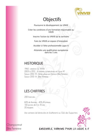 Objectifs
Poursuivre le développement du VNVB
Créer les conditions d’une formation responsable au
VNVB
Inscrire l’action du VNVB sur le territoire
Faire du VNVB un espace d’innovation
Accéder à l’élite professionnelle Ligue A
Atteindre une qualification européenne
dans les 5 ans

HISTORIQUE
1960 : création du VNVB
2005 à 2012 : 6 années consécutives en Ligue AF
Saison 2012-13 : 3ème place en Division Elite Féminine
Saison 2013-14 : Elite Féminine

LES CHIFFRES
200 licenciés :
60% de femmes - 40% d’hommes
150 jeunes de 5 à 18 ans
20 équipes
Une centaine de bénévoles et d'adhérents au Club des Supporters

Championnat
Elite Feminine

Ensemble, vibrons pour la Ligue A F

 