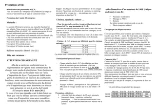 Prestations 2012:
 Bénéficiaires des prestations du C.E.:                             Rappel : les chèques vacances permettent lors de vos congés        Aides financières d’un montant de 140 € (chèque
 Tous les salariés de l’entreprise sans conditions de temps de      de payer l’autoroute, une location de vacances, un camping,
                                                                    une partie d’un voyage etc.…. un catalogue est à votre
                                                                                                                                       cadeaux) en cas de:
 travail, d’ancienneté ou de type de contrat de travail.
                                                                    disposition au local du C.E.
                                                                                                                                                  Naissance ou adoption
 Prestations du Comité d’Entreprise:                                                                                                              Mariage ou PACS
                                                                     Cinéma, spectacle, culture …
                                                                                                                                                  Retraite
 Mutuelle :                                                                                                                                    Le même montant viendra en aide en cas de :
                                                                     - Pour les spectacles, sorties, voyages, réductions en tout
                                                                                                                                                  Décès (conjoint, enfants)
 Le comité d’Entreprise propose une mutuelle (facultative)           genres, le CE a pour prestataire le C.I.E.
 aux salariés. Nous avons un contrat collectif avec la MOCEN         Une carte personnelle vous est remise tous les ans, elle vous
                                                                                                                                       Une épargne en chèques vacances :
 (mutuelle affiliée à la MAIF). Ce contrat nous permet d’avoir       permet via le CIE de commander dans leur catalogue, ou via
 un tarif préférentiel pour une couverture de qualité.               leur site internet.
                                                                                                                                       C’est une possibilité, pour le salarié qui le désire, d’épargner
 Pour toutes les questions sur la mutuelle voir avec Benoît (élu     Un catalogue est à votre disposition au local CE ou dans votre
                                                                                                                                       tous les mois 10, 20 … euros. En fin d’année, cette épargne est
 CE). Il est possible de résilier son contrat pour venir sur le      centre. Après 6 mois d’ancienneté faites-en la demande.
                                                                                                                                       convertie en chèques vacances bonifiés de 25% par le C.E..
 contrat de groupe renseignez-vous.                                                                                                    Par exemple, un salarié épargnant 20€ par mois aura en fin
 Nous avons deux options sur ce contrat :                           - Cinéma : le C.E. propose une billetterie pour les cinémas
                                                                                                                                       d’année un capital de 240€ en chèques vacances plus 60 € de
 Une option AE (contrat groupe)                                     suivants :
                                                                                                                                       bonification C.E., il touchera donc 300€ en chèques vacances
 Une option AF (option groupe plus)                                           Méga CGR                  4.50 €
                                                                                                                                       utilisables pour des locations, voyages, trajets SNCF, location
                                                                              Mégarama                  4.50 €
                                                                                                                                       de matériel sportif, forfait ski etc.. En payant en chèques
 Référent mutuelle : Benoît (élu CE)                                          UGC                       4.50 €                         vacances des réductions peuvent se cumuler comme avec le
                                                                              Utopia                    3.50 €                         billet « congés payés » de la SNCF faisant 50% de réduction si
                                                                   Ces billets sont à commander auprès de Delphine (élue CE)           paiement en chèques vacances.
 Aide aux vacances :
                                                                     Participation Sport et Culture :                                  Comment faire ?
 ATTENTION CHANGEMENT                                                                                                                  Contacter un élu de C.E. pour lui en parler, ensuite faire un
                                                                     -   Chaque salarié a droit à 50 % de réduction sur deux           nombre de chèques équivalant au nombre de mois que vous
        Afin de se mettre en conformité avec la                          billets de spectacle par an (plafonnée à 50€) sur             voulez épargner. (Par exemple 12 chèques pour un an)
   réglementation en vigueur nous sommes tenus de                        présentation d’une facture au nom du C.E. ACAQB,              Le montant de l’épargne pourra être de 10, 20, 30 € par mois.
changer notre mode de distribution. Notre barème ne                      nous n’acceptons pas les billets seuls comme justificatifs.   L’épargne est plafonnée à une bonification de 140€ ce qui
       se basera plus sur le salaire mais sur l’avis                                                                                   donnera un montant total de 700€ (560+140).
                                                                     -   Chaque salarié et chacun de ses enfants ont droit à 50%       Nous encaisserons les chèques mois par mois, si vous aviez une
   d’imposition du foyer. Pour pouvoir établir notre                     de participation du CE sur une inscription à une activité     difficulté financière, en nous prévenant à l’avance, nous
   grille de distribution en fonction des coefficients                   sportive ou culturelle ou de loisirs (plafonnée à 50€/        décalerons le ou les chèques souhaités.
familiaux, nous vous demandons de nous retourner le                      personne) (-18ans)                                            Pour ceux qui n’ont pas de chéquier, il est possible de faire un
  coupon ci-joint avec soit la photocopie du dernier                                                                                   prélèvement.
                                                                     -   Voyages scolaires : participation de 20% (plafonnée à
  avis d’imposition (que nous détruirons) ou bien de                     50€) pour un voyage scolaire par an et par enfant (- 18             Un petit tableau récapitulatif des épargnes :
       venir présenter cet avis à un élu du Comité                       ans).
          d’Entreprise avant le 31 mars 2012.                                                                                                      10€ par mois 20€ par mois 30€ par mois 45€ par mois durée épargne
  Si vous n’avez pas répondu avant la date butoir ou               Prestations collectives:                                            vous aurez: 60+20=80€ 120+30=150€ 180+50=230€ 270+70=340            6 mois
    bien que vous ne désirez pas nous communiquer                          Arbre de Noël des enfants (- de 15 ans) , spectacle.
                                                                                                                                       vous aurez: 120+30=150€ 240+60=300€ 360+90=450€ 540+140=700        12 mois
                                                                           Journées à thème : (sportives, culturelles,
     votre avis d’imposition, vous serez considérés                        touristiques,…) Tous les salariés seront invités à ces
    comme faisant partie de la tranche la plus haute.                      journées, la participation financière sera indexée sur le
                                                                           salaire.
 