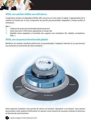 www.imagina-international.com4
ATEN, une solution dédiée aux utilisateurs
L’ergonomie intuitive et adaptable d’ATEN, offre une prise en main aisée et rapide. L’appropriation de la
solution est facilité par la mise à disposition de portails personnalisables adaptables à chaque profils et
utilisateurs.
Les + :
 Tableaux de bords personnalisables dynamiquement
 Accès sécurisé à l’information appropriée en temps réel
 Mobilité native adaptable à l’ensemble des supports sans installation (PC, tablette, smartphone,
PDA…)
ATEN, une couverture fonctionnelle globale
Bénéficier de modules standards performants et paramétrables s’adaptant aisément et en permanence
aux évolutions et contraintes de votre entreprise.
Cette approche modulaire vous permet de choisir les fonctions répondant à vos besoins. Vous pouvez
personnaliser votre système d’information et rajouter à tout moment de nouveaux modules et processus
en fonction de votre évolution.
 