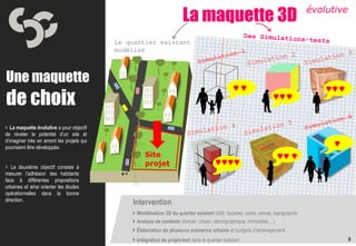 La maquette 3D                                              évolutive


                                           Le quartier existant
                                           modélisé



Une maquette
de choix                                                                              )) )
 La maquette évolutive a pour objectif



                                                                                          )
de révéler le potentiel d’un site et
d’imaginer très en amont les projets qui



                                                                                        )
pourraient être développés.



                                                                                      )
                                                     Site
 Le deuxième objectif consiste à
                                                     projet
mesurer l’adhésion des habitants
face à différentes propositions
urbaines et ainsi orienter les études
opérationnelles dans la bonne
direction.
                                               Intervention
                                                Modélisation 3D du quartier existant (bâti, façades, voirie, arbres, topographie
                                                Analyse de contexte (foncier, urbain, démographique, immobilier,…)
                                                Élaboration de plusieurs scénarios urbains et budgets d’aménagement
                                                Intégration du projet-test dans le quartier existant                                           9
 