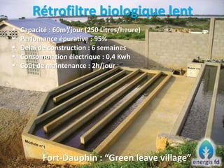Rétrofiltre biologique lent
 Capacité : 60m³/jour (250 Litres/heure)
 Perfomance épurative : 95%
 Delai de construction : 6 semaines
 Consommation électrique : 0,4 Kwh
 Coût de maintenance : 2h/jour
Fort-Dauphin : “Green leave village”
 
