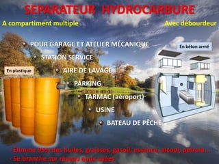 SEPARATEUR HYDROCARBURE
A compartiment multiple Avec débourdeur
POUR GARAGE ET ATELIER MÉCANIQUE
STATION SERVICE
AIRE DE LAVAGE
PARKING
TARMAC (aéroport)
USINE
BATEAU DE PÊCHE
- Élimine 95% des huiles, graisses, gasoil, essence, alcool, pétrole...
- Se branche sur réseau eaux usées
En béton armé
En plastique
 