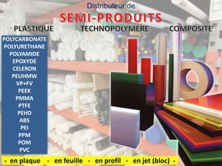 Distributeur de
POLYCARBONATE
POLYURETHANE
POLYAMIDE
EPOXYDE
CELERON
PEUHMW
VP+FV
PEEK
PMMA
PTFE
PEHD
ABS
PEI
PPM
POM
PVC
- en plaque - en feuille - en profil - en jet (bloc) -
 