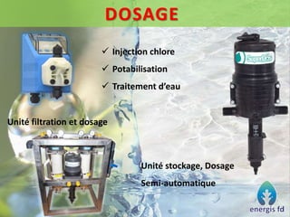 DOSAGE
 Injection chlore
 Potabilisation
 Traitement d’eau
Unité filtration et dosage
Unité stockage, Dosage
Semi-automatique
 