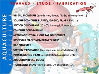 T R A V A U X - E T U D E - F A B R I C AT I O N
RESEAU PLOMBERIE (eau de mer, douce, filtrée, air comprimé, ...)
SOUDURE CONDUITE PLASTIQUE (PEHD, PP, ABS, PVC, ...)
STATION DE POMPAGE (10 m³/s, immergé, flottante, ...)
CONDUITE SOUS-MARINE
NETTOYAGE HYDRAULIQUE PAR OBUS/FURÊT
RÉSERVOIR EN GÉOMEMBRANE “LINER”
BAC POLYESTER
STATION D’EPURATION (eau usée, eau de production, ...)
POTABILISATION D’EAU (rétrofiltration biologique lente)
ADDUCTION D’EAU DOUCE
TRAITEMENT D’EAU (filtre à sable, UV, chloration, ...)
AQUACULTURE
 