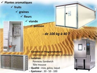  Plantes aromatiques
 fruits
 graines
 fleurs
 viande
 poisson
– Contrôle et Programmation :
électronique, numérique, à distance
– Isolation :
Panneau Sandwich
Tôle mousse
– Qualité : inox, galva, laqué
– Epaisseur : 30 - 50 - 100
- de 100 kg à 40 T
 
