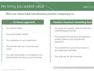 We bring you added value                                                                             !"#$STREAMS
                                                                                                     O P E R A T I O N A L   S T R A T E G Y




          What our client think LimeStreams provide comparing to…


                      … In-house approach                     … Another classical consulting firm

  •        You deliver faster                                 •    You grow your teams’ skills through the
                                                                   methodological transfer
  •        You reach better results
                                                              •    You benefit from practical and genuine
  •        You capitalise on our experience                        results thanks to our operational
                                                                   approach

  •        You benefit from our cross-industry
                                                              •    You benefit from quick wins thanks to
           vision
                                                                   our pragmatic approach

  •        You take advantage of an objective and
           external point of view on your business            •    You only pay for the expertise




                                                                   WITH YOU TO DESIGN YOUR PROJECT                               5	
  
LimeStreams	
  |	
  Opera.onal	
  Strategy	
  ©	
  2012	
  
 