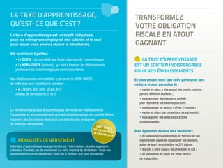 LA TAXE D’APPRENTISSAGE,
QU’EST-CE QUE C’EST ?
La taxe d’apprentissage est un impôt obligatoire
pour les entreprises employant des salariés et le seul
pour lequel vous pouvez choisir le bénéficiaire.
Elle se divise en 2 parties :
• Le QUOTA : qui est dédié aux fonds régionaux de l’apprentissage
• Le HORS-QUOTA (barème) : qui sert à financer les établissements
professionnels et technologiques comme les nôtres.
Nos établissements sont habilités à percevoir le HORS-QUOTA
de cette taxe pour la catégorie suivante :
• A : SEGPA, BEP, BAC, MCAD, BTS
(niveau de formation III, IV et V)
Le versement de la taxe d’apprentissage permet à nos établissements
l’acquisition et le renouvellement du matériel pédagogique afin que les élèves
reçoivent des formations répondant aux attentes des entreprises
en évolution permanente.
NOS PROJETS 2015
• Aménagement d’une nouvelle salle pour les Bac Pro ASSP (armoires, mannequin
secourisme, etc.)
• Complément d’équipements en matériel informatique et électronique pour le BTS SN
• Acquisition d’une voiture hybride (modèle réduit) pour la filière STIDD
• Acquisition du système VISCAM pour la filière SEN
• Acquisition d’une imprimante 3D pour la filière industrielle (Bac Pro et BTS)
• Création de salle informatique pour les BTS
• Achat de matériel audiovisuel
NOS RÉALISATIONS 2014
• Equipement de salles informatiques
• Achat d’EZwheel (roue électronique autonome) pour la filière STIDD
• Acquisition du logiciel Labview (prototypage) pour les STI2D
• Compléter et améliorer les équipements communicants à destination des élèves :
écrans dynamiques
• Equipement de l’ICSSA en matériel électronique et informatique en prévision de la
réforme des BTS IRIS en BTS SN
• Acquisition de logiciels pour l’habilitation électrique pour les Bac Pro SEN
• Achat de matériel audiovisuel
INVESTISSEZ DANS L’AVENIR DE VOS FUTURS COLLABORATEURS
POUR ASSURER VOTRE DÉVELOPPEMENT
NOS FORMATIONS HABILITÉES À RECEVOIR LA TAXE D’APPRENTISSAGE :
LA TAXE D’APPRENTISSAGE
EST UN SOUTIEN INDISPENSABLE
POUR NOS ÉTABLISSEMENTS
En nous versant votre taxe notre partenariat sera
renforcé et nous permettra de :
• mettre en place à titre gratuit des projets concrets
par des élèves et étudiants ;
• vous adresser des stagiaires motivés
pour répondre à vos besoins ponctuels ;
• vous proposer un service « offres d’emplois » ;
• mettre en place des conventions de partenariat ;
• vous apporter des aides lors d’actions
professionnelles.
Mais également de vous faire bénéficier :
• de salles à tarifs préférentiels en fonction de nos
disponibilités (salles de classe pour vos réunions,
salles de sport, amphithéâtre de 270 places) ;
• d’accès à notre espace documentaire, le CDI ;
• de prestations de repas par notre service
de restauration.
MODALITÉS DE VERSEMENT
Votre taxe d’apprentissage nous parviendra par l’intermédiaire de votre organisme
collecteur. N’oubliez pas de mentionner sur votre imprimé de déclaration l’un de nos
établissements comme bénéficiaire ainsi que le montant que vous lui réservez.
TRANSFORMEZ
VOTRE OBLIGATION
FISCALE EN ATOUT
GAGNANT
FORMATIONS
CATEGORIES
OBSERVATIONS
A B
LYCÉE POLYVALENT SAINT-ANDRÉ
Enseignement professionnel
Sanitaire :
• Bac Pro ASSP : Accompagnement Soins et Services à la Personne
• MCAD : Mention Complémentaire d’Aide à Domicile
X Plus de règle de cumul
Tertiaire :
• Bac Pro Vente
• Bac Pro GA : Gestion et Administration
X Plus de règle de cumul
Industriel :
• Bac Pro SEN : Systèmes Electroniques et Numériques
X Plus de règle de cumul
Enseignement Technologique
Bac :
ST2S : Sciences et Technologies de la Santé et du Social X Plus de règle de cumul
STI2D : Sciences et Technologies de l’Industrie et du Développement Durable X Plus de règle de cumul
STMG : Sciences et Technologies du Management et de la Gestion X Plus de règle de cumul
ICSSA
Enseignement Supérieur
BTS :
AM : Assistant(e) de Manager X Plus de règle de cumul
CGO : Comptabilité et Gestion des Organisations X Plus de règle de cumul
ESF : Economie Sociale et Familiale X Plus de règle de cumul
SN : Systèmes numériques X Plus de règle de cumul
MUC : Management des Unités Commerciales X Plus de règle de cumul
FCIL :
Formation d’auxilliaires puériculture et d’aides soignantes X Plus de règle de cumul
TITRE PROFESSIONNEL :
Secrétaire médicale et médico-sociale X Plus de règle de cumul
COLLÈGE ANTOINE DE SAINT EXUPÉRY
SEGPA Section d’Enseignement Général et Professionnel Adapté X Plus de règle de cumul
DATE LIMITEDE VERSEMENT28 FÉVRIER 2015
Si vous souhaitez nous verser la totalité de votre hors quota, merci d’indiquer un des établissements habilités en catégorie A.!
 