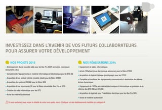 LA TAXE D’APPRENTISSAGE,
QU’EST-CE QUE C’EST ?
La taxe d’apprentissage est un impôt obligatoire
pour les entreprises employant des salariés et le seul
pour lequel vous pouvez choisir le bénéficiaire.
Elle se divise en 2 parties :
• Le QUOTA : qui est dédié aux fonds régionaux de l’apprentissage
• Le HORS-QUOTA (barème) : qui sert à financer les établissements
professionnels et technologiques comme les nôtres.
Nos établissements sont habilités à percevoir le HORS-QUOTA
de cette taxe pour la catégorie suivante :
• A : SEGPA, BEP, BAC, MCAD, BTS
(niveau de formation III, IV et V)
Le versement de la taxe d’apprentissage permet à nos établissements
l’acquisition et le renouvellement du matériel pédagogique afin que les élèves
reçoivent des formations répondant aux attentes des entreprises
en évolution permanente.
NOS PROJETS 2015
• Aménagement d’une nouvelle salle pour les Bac Pro ASSP (armoires, mannequin
secourisme, etc.)
• Complément d’équipements en matériel informatique et électronique pour le BTS SN
• Acquisition d’une voiture hybride (modèle réduit) pour la filière STIDD
• Acquisition du système VISCAM pour la filière SEN
• Acquisition d’une imprimante 3D pour la filière industrielle (Bac Pro et BTS)
• Création de salle informatique pour les BTS
• Achat de matériel audiovisuel
NOS RÉALISATIONS 2014
• Equipement de salles informatiques
• Achat d’EZwheel (roue électronique autonome) pour la filière STIDD
• Acquisition du logiciel Labview (prototypage) pour les STI2D
• Compléter et améliorer les équipements communicants à destination des élèves :
écrans dynamiques
• Equipement de l’ICSSA en matériel électronique et informatique en prévision de la
réforme des BTS IRIS en BTS SN
• Acquisition de logiciels pour l’habilitation électrique pour les Bac Pro SEN
• Achat de matériel audiovisuel
INVESTISSEZ DANS L’AVENIR DE VOS FUTURS COLLABORATEURS
POUR ASSURER VOTRE DÉVELOPPEMENT
NOS FORMATIONS HABILITÉES À RECEVOIR LA TAXE D’APPRENTISSAGE :
LA TAXE D’APPRENTISSAGE
EST UN SOUTIEN INDISPENSABLE
POUR NOS ÉTABLISSEMENTS
En nous versant votre taxe notre partenariat sera
renforcé et nous permettra de :
• mettre en place à titre gratuit des projets concrets
par des élèves et étudiants ;
• vous adresser des stagiaires motivés
pour répondre à vos besoins ponctuels ;
• vous proposer un service « offres d’emplois » ;
• mettre en place des conventions de partenariat ;
• vous apporter des aides lors d’actions
professionnelles.
Mais également de vous faire bénéficier :
• de salles à tarifs préférentiels en fonction de nos
disponibilités (salles de classe pour vos réunions,
salles de sport, amphithéâtre de 270 places) ;
• d’accès à notre espace documentaire, le CDI ;
• de prestations de repas par notre service
de restauration.
MODALITÉS DE VERSEMENT
Votre taxe d’apprentissage nous parviendra par l’intermédiaire de votre organisme
collecteur. N’oubliez pas de mentionner sur votre imprimé de déclaration l’un de nos
établissements comme bénéficiaire ainsi que le montant que vous lui réservez.
TRANSFORMEZ
VOTRE OBLIGATION
FISCALE EN ATOUT
GAGNANT
FORMATIONS
CATEGORIES
OBSERVATIONS
A B
LYCÉE POLYVALENT SAINT-ANDRÉ
Enseignement professionnel
Sanitaire :
• Bac Pro ASSP : Accompagnement Soins et Services à la Personne
• MCAD : Mention Complémentaire d’Aide à Domicile
X Plus de règle de cumul
Tertiaire :
• Bac Pro Vente
• Bac Pro GA : Gestion et Administration
X Plus de règle de cumul
Industriel :
• Bac Pro SEN : Systèmes Electroniques et Numériques
X Plus de règle de cumul
Enseignement Technologique
Bac :
ST2S : Sciences et Technologies de la Santé et du Social X Plus de règle de cumul
STI2D : Sciences et Technologies de l’Industrie et du Développement Durable X Plus de règle de cumul
STMG : Sciences et Technologies du Management et de la Gestion X Plus de règle de cumul
ICSSA
Enseignement Supérieur
BTS :
AM : Assistant(e) de Manager X Plus de règle de cumul
CGO : Comptabilité et Gestion des Organisations X Plus de règle de cumul
ESF : Economie Sociale et Familiale X Plus de règle de cumul
SN : Systèmes numériques X Plus de règle de cumul
MUC : Management des Unités Commerciales X Plus de règle de cumul
FCIL :
Formation d’auxilliaires puériculture et d’aides soignantes X Plus de règle de cumul
TITRE PROFESSIONNEL :
Secrétaire médicale et médico-sociale X Plus de règle de cumul
COLLÈGE ANTOINE DE SAINT EXUPÉRY
SEGPA Section d’Enseignement Général et Professionnel Adapté X Plus de règle de cumul
DATE LIMITEDE VERSEMENT28 FÉVRIER 2015
Si vous souhaitez nous verser la totalité de votre hors quota, merci d’indiquer un des établissements habilités en catégorie A.!
 