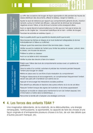 scolarité et

                                      Lui offrir des occasions de bouger de façon appropriée et utile pendant les heures de
     Comment limiter


                                      classe (distribuer des documents, effacer le tableau, ranger le matériel,…)
      l’agitation de


                                      Ajuster le seuil de tolérance par rapport aux comportements gênants (bruits, chanton-
        l’enfant ?


                                      nement), surtout si l’enfant est efficace ; cela permet de diminuer les remarques
                                      négatives envers l’élève, et de diminuer la tension entre enseignant-élève
                                      Avoir un signal discret et personnalisé pour lui dire que ce n’est pas le temps de
                                      parler ou de s’agiter (ex : mouvement spécifique de la main = arrêter de bouger)
                                      Favoriser les activités en extérieur (sport,…)

                                      Viser la qualité plutôt que la quantité (le résultat plutôt que le soin)
     Comment améliorer




                                      Décomposer les tâches en étapes et en buts facilement atteignables (à donner
      l’organisation de




                                      individuellement à l’élève ou à afficher)
          l’enfant ?




                                      Indiquer quand les exercices doivent être terminés (date + heure)
                                      Vérifier souvent le matériel de l’enfant pour limiter les pertes et casses ; prévoir, dans
                                      la classe, une trousse de secours.
                                      Préférer le cahier au classeur
                                      Avoir sur sa table le strict nécessaire
                                      Vérifier la prise des devoirs à faire à la maison

                                      Établir avec l’élève des buts de comportements sociaux avec un système de
                                      gratifications
        Comment aider l’enfant dans




                                      Dans le cadre d’un contrat, autoriser et préciser les moments pendant lesquels
          ses relations sociales ?




                                      l’enfant peut bouger en classe
                                      Mettre en place avec lui une fiche d’auto-évaluation du comportement
                                      Prodiguer réassurance et encouragements, en complimentant fréquemment l’enfant
                                      devant ses pairs afin d’améliorer son estime de soi
                                      Appuyer et encourager les interactions sociales positives
                                      Être attentif aux attitudes et réactions des autres enfants vis-à-vis de cet élève
                                      Rassurer l’enfant lorsque des signes de frustration et de stress apparaissent
                                      Expliquer ce trouble en classe sans mentionner le nom de l’enfant (exposé, livre
                                      d’information à mettre dans la bibliothèque…)
                                      Rencontrer la famille afin d’adopter une stratégie commune



	. Les forces des enfants TDAH ?
 4
   Une imagination débordante, de la créativité, de la débrouillardise, une énergie
   remarquable, l’enthousiasme, la spontanéité, la capacité de faire les choses d’une
   façon originale et d’entreprendre plusieurs choses à la fois, de voir des détails que
   d’autres peuvent manquer, etc.
 