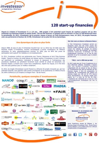 120 start-up financées
Depuis la création d’Investessor il y a 15 ans, 500 projets à fort potentiel ayant besoin de capitaux propres ont pu être
présentés aux Business Angels en phase finale. 120 ont été financés. La plupart sont en activité à ce jour et 100 demeurent dans
le portefeuille. En 2011, Investessor est le premier réseau à lancer un Club Entrepreneurs. Avec, en 2012, 26 projets financés
avec ses partenaires à hauteur de 15 M€, Investessor est au plus fort de sa dynamique.

                                                                                                       UNE 1ÈRE DANS LES RÉSEAUX DE BUSINESS ANGELS
                       Une dynamique de plus en plus forte
                                                                                                       Le Club Entrepreneurs Investessor permet aux
                                                                                                       dirigeants ayant levé des fonds auprès des
                                                                                                       Business Angels Investessor de se rencontrer, de
Depuis 2008, de plus en plus d’entreprises bouclent leur 1er ou 2ème tour de table avec des
                                                                                                       rompre leur solitude, de partager de bonnes
Business Angels d’Investessor, souvent accompagnés d’autres investisseurs de Réseaux                   pratiques, de créer des synergies, de mutualiser
partenaires ou amis, géographiquement proches. En effet, plus de 80% des prises de                     certaines ressources, d’échanger sur des
participation sont aujourd’hui réalisées en co-investissements.                                        problématiques communes, en un mot de faire
                                                                                                       ensemble ce qu’ils ne pouvaient jusqu’à présent
En 2011, Investessor renforce ses partenariats avec Trianon, Manesman et Val d’Oise Business           pas faire seuls.
Angels : Quand un porteur de projet dépose son dossier auprès d’Investessor, ce sont 4 réseaux
qui examinent sa candidature, instruisent le dossier et épargnent à l’entrepreneur des                        T.R.I. : DE 1 À 30 FOIS SA MISE
procédures répétitives qui pénalisent forcément toute activité en phase de lancement. Les
Business Angels s’unissent pour croiser leurs compétences, répartir les risques, et in fine faire      En 2013, après plus de 15 ans d’expérience et un
                                                                                                       recul désormais suffisant, Investessor s’associe
des choix plus judicieux pour un meilleur rendement.
                                                                                                       avec une société d’analyse financière
                                                                                                       indépendante afin de calculer le Taux de Retour
En 2012, les Angels d'Investessor auront financé ou refinancé 26 projets innovants qui, par leur       sur Investissement des start-up financées par ses
potentiel d'activité, vont apporter cette année à Investessor et ses partenaires 15 millions d'euros   Business Angels. A titre de comparaison, le
de chiffre d'affaires et 225 emplois à la Région Paris - Île-de-France.                                rendement de l’investissement des réseaux de
                                                                                                       Business Angels aux USA est de 27% (source
                                                                                                       étude ACA-Kauffman). Un Business Angels peut
            Portefeuille, quelques exemples d’investissements                                          gagner de 1 à plus de 30 fois sa mise.
                                                                                                       L’expérience de l’entreprise est un plus et c’est
                                                                                                       l‘accompagnement stratégique qui fait la
                                                                                                       différence.




                                                                                                              SIBESSOR 2 : EN SYNERGIE AVEC
                                                                                                                      INVESTESSOR




                                                                                                       Après l’expérience réussie de Sibessor 1, les
                                                                                                       Business Angels d'Investessor Paris - Île-de-France
                                                                                                       lancent Sibessor 2 et se dotent ainsi d'un véhicule
                                                                                                       complémentaire d'investissement.




                                                                   Retrouvez Investessor sur…
                                                                                                                                                 3	
  
 
