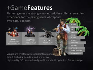 +GameFeatures
Plarium games are strongly monetized; they offer a rewarding
experience for the paying users who spend
over $100 a month
SECTORS
RESOURCES
RTS
STRATEGY
SOCIAL
SECTORS

CLANS
Play cooperatively
with friends and foes

EMITTERS
Capture & defend
your clan’s emitters

BATTLE

Wage war on live
opponents

ARTIFACTS
RESOURCES
BUILDINGS
ADVISORS
GLOBAL MISSIONS

BATTLE GROUPS
Visuals are created with special attention to
detail, featuring beautiful and immersive
high-quality, 3D pre-rendered graphics and a UI optimized for web usage

 