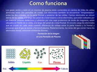 Como funcionaLos gases xenón y neón en un monitor de plasma están contenidos en cientos de miles de celdas diminutas entre dos pantallas de cristal. Los electrodos también se encuentran “emparedados” entre los dos cristales, en la parte frontal y posterior de las celdas. Ciertos electrodos se ubican detrás de las celdas, a lo largo del panel de cristal trasero y otros electrodos, que están rodeados por un material aislante dieléctrico y cubiertos por una capa protectora de óxido de magnesio, están ubicados en frente de la celda, a lo largo del panel de cristal frontal. El circuito carga los electrodos que se cruzan en cada celda creando diferencia de voltaje entre la parte trasera y la frontal y provocan que el gas se ionice y forme el plasma. Posteriormente, los iones del gas corren hacia los electrodos donde colisionan emitiendo fotones.Formación de la Imagenen una Pantalla de Plasma