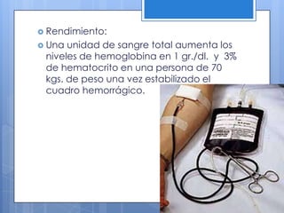  Rendimiento:
 Una unidad de sangre total aumenta los
niveles de hemoglobina en 1 gr./dl. y 3%
de hematocrito en una persona de 70
kgs. de peso una vez estabilizado el
cuadro hemorrágico.
 