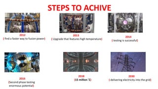 STEPS TO ACHIVE
2012
( find a faster way to fusion power)
2013
( Upgrade that features high temperature)
2014
( testing is successful)
2018
(15 million °C)2016
(Second phase testing
enormous potential)
2030
( delivering electricity into the grid)
 