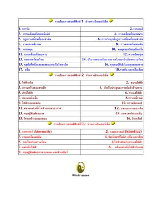 การเรียนการสอนฟสิกส 1 ผานทางอินเตอรเน็ต
1. การวัด 2. เวกเตอร
3. การเคลื่อนที่แบบหนึ่งมิติ 4. การเคลื่อนที่บนระนาบ
5. กฎการเคลื่อนที่ของนิวตัน 6. การประยุกตกฎการเคลื่อนที่ของนิวตัน
7. งานและพลังงาน 8. การดลและโมเมนตัม
9. การหมุน 10. สมดุลของวัตถุแข็งเกร็ง
11. การเคลื่อนที่แบบคาบ 12. ความยืดหยุน
13. กลศาสตรของไหล 14. ปริมาณความรอน และ กลไกการถายโอนความรอน
15. กฎขอที่หนึ่งและสองของเทอรโมไดนามิก 16. คุณสมบัติเชิงโมเลกุลของสสาร
17. คลื่น 18.การสั่น และคลื่นเสียง
การเรียนการสอนฟสิกส 2 ผานทางอินเตอรเน็ต
1. ไฟฟาสถิต 2. สนามไฟฟา
3. ความกวางของสายฟา 4. ตัวเก็บประจุและการตอตัวตานทาน
5. ศักยไฟฟา 6. กระแสไฟฟา
7. สนามแมเหล็ก 8.การเหนี่ยวนํา
9. ไฟฟากระแสสลับ 10. ทรานซิสเตอร
11. สนามแมเหล็กไฟฟาและเสาอากาศ 12. แสงและการมองเห็น
13. ทฤษฎีสัมพัทธภาพ 14. กลศาสตรควอนตัม
15. โครงสรางของอะตอม 16. นิวเคลียร
การเรียนการสอนฟสิกสทั่วไป ผานทางอินเตอรเน็ต
1. จลศาสตร )kinematic) 2. จลพลศาสตร (kinetics)
3. งานและโมเมนตัม 4. ซิมเปลฮารโมนิก คลื่น และเสียง
5. ของไหลกับความรอน 6.ไฟฟาสถิตกับกระแสไฟฟา
7. แมเหล็กไฟฟา 8. คลื่นแมเหล็กไฟฟากับแสง
9. ทฤษฎีสัมพัทธภาพ อะตอม และนิวเคลียร
ฟสิกสราชมงคล
 