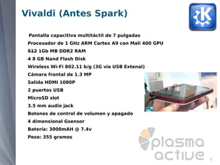 Vivaldi (Antes Spark)

 Pantalla capacitiva multitáctil de 7 pulgadas
 Procesador de 1 GHz ARM Cortex A9 con Mali 400 GPU
 512 1Gb MB DDR2 RAM
 4 8 GB Nand Flash Disk
 Wireless Wi-Fi 802.11 b/g (3G via USB Extenal)
 Cámara frontal de 1.3 MP
 Salida HDMI 1080P
 2 puertos USB
 MicroSD slot
 3.5 mm audio jack
 Botones de control de volumen y apagado
 4 dimensional Gsensor
 Batería: 3000mAH @ 7.4v
 Peso: 355 gramos




                                                      9
 