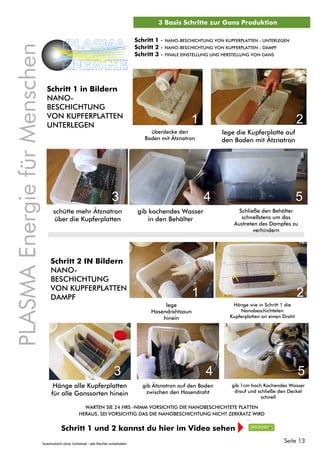 Hänge alle Kupferplatten
für alle Ganssorten hinein
PLASMAEnergiefürMenschen
PLASMA
ENERGIE
3 Basis Schritte zur Gans Produktion
Schritt 1 - NANO-BESCHICHTUNG VON KUPFERPLATTEN - UNTERLEGEN
Schritt 2 - NANO-BESCHICHTUNG VON KUPFERPLATTEN - DAMPF
Schritt 3 - FINALE EINSTELLUNG UND HERSTELLUNG VON GANS
Schritt 1 und 2 kannst du hier im Video sehen
Schritt 1 in Bildern
NANO-
BESCHICHTUNG
VON KUPFERPLATTEN
UNTERLEGEN
überdecke den
Boden mit Ätznatron
lege die Kupferplatte auf
den Boden mit Ätznatron
1 2
Schritt 2 IN Bildern
NANO-
BESCHICHTUNG
VON KUPFERPLATTEN
DAMPF
lege
Hasendrahtzaun
hinein
schütte mehr Ätznatron
über die Kupferplatten
gib kochendes Wasser
in den Behälter
Schließe den Behälter
schnellstens um das
Austreten des Dampfes zu
verhindern
3 4 5
Hänge wie in Schritt 1 die
Nanobeschichteten
Kupferplatten an einen Draht
gib Ätznatron auf den Boden
zwischen den Hasendraht
gib 1cm hoch Kochendes Wasser
drauf und schließe den Deckel
schnell
1 2
3 4 5
Klick Hier
WARTEN SIE 24 HRS -NIMM VORSICHTIG DIE NANOBESCHICHTETE PLATTEN
HERAUS, SEI VORSICHTIG DAS DIE NANOBESCHICHTUNG NICHT ZERKRATZ WIRD
Seite 13Ausdrücklich ohne Vorbehalt - alle Rechte vorbehalten
 