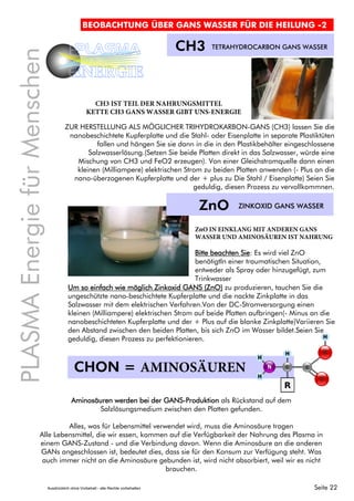 PLASMAEnergiefürMenschen
PLASMA
ENERGIE
Seite 22
CH3 TETRAHYDROCARBON GANS WASSER
CH3 IST TEIL DER NAHRUNGSMITTEL
KETTE CH3 GANS WASSER GIBT UNS-ENERGIE
ZUR HERSTELLUNG ALS MÖGLICHER TRIHYDROKARBON-GANS (CH3) lassen Sie die
nanobeschichtete Kupferplatte und die Stahl- oder Eisenplatte in separate Plastiktüten
fallen und hängen Sie sie dann in die in den Plastikbehälter eingeschlossene
Salzwasserlösung.(Setzen Sie beide Platten direkt in das Salzwasser, würde eine
Mischung von CH3 und FeO2 erzeugen). Von einer Gleichstromquelle dann einen
kleinen (Milliampere) elektrischen Strom zu beiden Platten anwenden (- Plus an die
nano-überzogenen Kupferplatte und der + plus zu Die Stahl / Eisenplatte) Seien Sie
geduldig, diesen Prozess zu vervollkommnen.
ZnO ZINKOXID GANS WASSER
Um so einfach wie möglich Zinkoxid GANS (ZnO) zu produzieren, tauchen Sie die
ungeschützte nano-beschichtete Kupferplatte und die nackte Zinkplatte in das
Salzwasser mit dem elektrischen Verfahren.Von der DC-Stromversorgung einen
kleinen (Milliampere) elektrischen Strom auf beide Platten aufbringen(- Minus an die
nanobeschichteten Kupferplatte und der + Plus auf die blanke Zinkplatte)Variieren Sie
den Abstand zwischen den beiden Platten, bis sich ZnO im Wasser bildet.Seien Sie
geduldig, diesen Prozess zu perfektionieren.
ZnO IN EINKLANG MIT ANDEREN GANS
WASSER UND AMINOSÄUREN IST NAHRUNG
CHON = AMINOSÄUREN
Aminosäuren werden bei der GANS-Produktion als Rückstand auf dem
Salzlösungsmedium zwischen den Platten gefunden.
Alles, was für Lebensmittel verwendet wird, muss die Aminosäure tragen
Alle Lebensmittel, die wir essen, kommen auf die Verfügbarkeit der Nahrung des Plasma in
einem GANS-Zustand - und die Verbindung davon. Wenn die Aminosäure an die anderen
GANs angeschlossen ist, bedeutet dies, dass sie für den Konsum zur Verfügung steht. Was
auch immer nicht an die Aminosäure gebunden ist, wird nicht absorbiert, weil wir es nicht
brauchen.
Bitte beachten Sie: Es wird viel ZnO
benötigtIn einer traumatischen Situation,
entweder als Spray oder hinzugefügt, zum
Trinkwasser
BEOBACHTUNG ÜBER GANS WASSER FÜR DIE HEILUNG -2
Ausdrücklich ohne Vorbehalt - alle Rechte vorbehalten
 