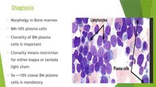 Diagnosis
• Morpholgy in Bone marrow
• BM>10% plasma cells
• Clonality of BM plasma
cells is important
• Clonality means restriction
for either kappa or lambda
light chain
• So >=10% clonal BM plasma
cells is mandatory.
 