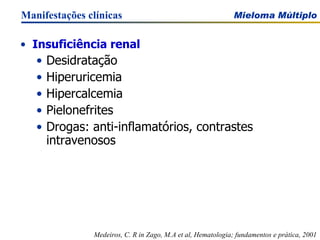 Insuficiência renal Desidratação Hiperuricemia Hipercalcemia Pielonefrites Drogas: anti-inflamatórios, contrastes intravenosos Manifestações clínicas Medeiros, C. R in Zago, M.A et al, Hematologia; fundamentos e prática, 2001 