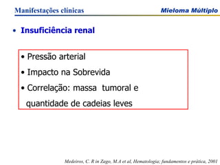 Insuficiência renal Manifestações clínicas Medeiros, C. R in Zago, M.A et al, Hematologia; fundamentos e prática, 2001 Pressão arterial Impacto na Sobrevida Correlação: massa  tumoral e  quantidade de cadeias leves 