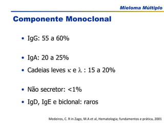 IgG: 55 a 60%  IgA: 20 a 25%  Cadeias leves    e    : 15 a 20%  Não secretor: <1% IgD, IgE e biclonal: raros Componente Monoclonal Medeiros, C. R in Zago, M.A et al, Hematologia; fundamentos e prática, 2001 