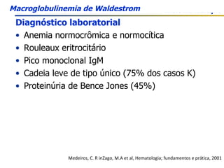 Diagnóstico laboratorial Anemia normocrômica e normocítica Rouleaux eritrocitário Pico monoclonal IgM Cadeia leve de tipo único (75% dos casos K) Proteinúria de Bence Jones (45%) Medeiros, C. R inZago, M.A et al, Hematologia; fundamentos e prática, 2001 Macroglobulinemia de Waldestrom 