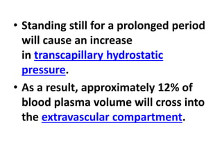 • Standing still for a prolonged period
will cause an increase
in transcapillary hydrostatic
pressure.
• As a result, approximately 12% of
blood plasma volume will cross into
the extravascular compartment.
 