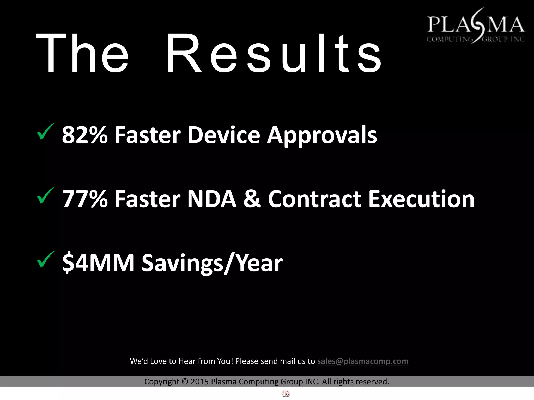 The Results
 82% Faster Device Approvals
 77% Faster NDA & Contract Execution
 $4MM Savings/Year
Copyright © 2015 Plasma Computing Group INC. All rights reserved.
We’d Love to Hear from You! Please send mail us to sales@plasmacomp.com
 