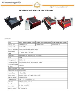 Hot sale CNC plasma cutting table, flame cutting table
Parameter
Model P1325 Plasma cutting table P1330 Plasma cutting table P1530 Plasma cutting table
working area 1300*2500mm 1300*3000mm 1500*3000mm
working table serrated table
Machine Structure Channel steel lathe bed/heavy duty
Transmission
model
X,Y Taiwan Hiwin rack gear
Guide way Imported round rail(square rail for option)
Power 8.5KW
Cutting speed 15-20m/min
Cutting thickness Depend on current of plasma power source
Repeat positioning
accuracy
±0.05mm
Process precision ±0.35mm
File transfer mode USB interface
Input voltage 3 phase 380V
Power supply Huayuan Power/USA Hypertherm/ others
Plasma currency 65A/100A/200A
Control system FLMC-F2300A/Starfire/Stuart
Software Fastcam/Artcam/Type 3
Steel blade saw
tooth mesa
Ray plug drives 860
Working mode Non-contact arc
 