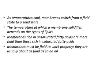 • As temperatures cool, membranes switch from a fluid
state to a solid state
• The temperature at which a membrane solidifies
depends on the types of lipids
• Membranes rich in unsaturated fatty acids are more
fluid than those rich in saturated fatty acids
• Membranes must be fluid to work properly; they are
usually about as fluid as salad oil
 